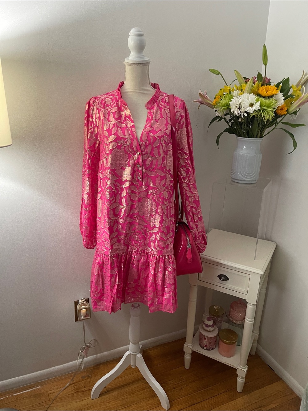Lilly Pulitzer Hot Pink and Gold Ruffle Bottom Dress